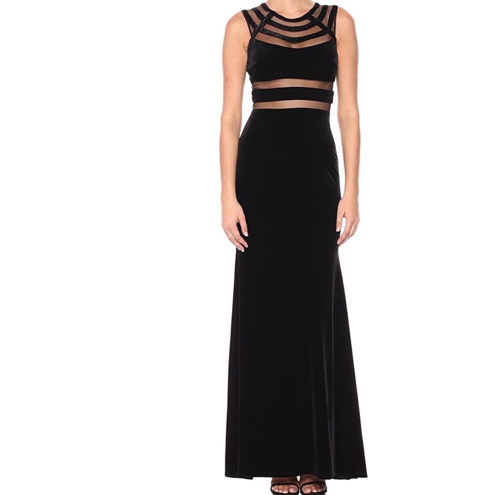 betsy & adam long black mesh dress sleeveless